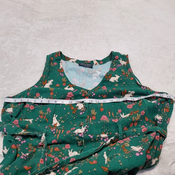 Modcloth Emerald Green White Bunny Floral Spring Linen Dress XL Cottage Eclectic - Picture 6 of 9